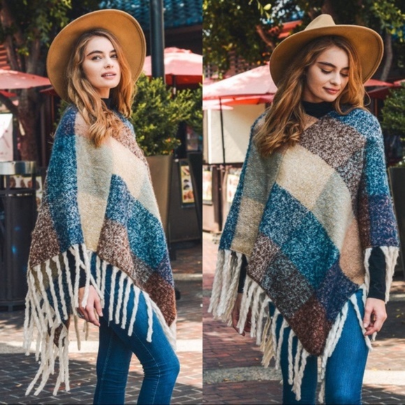 Infinity Raine Sweaters - LAST ONE! COZY UP TO  PONCHO-PEACH/BLUE